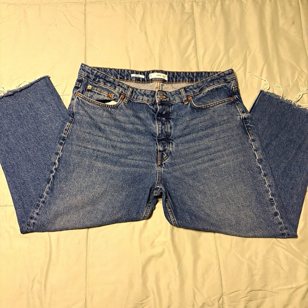 MANGO MNG Havana Women's 18 High Rise Straight Leg Cropped Raw Hem Blue Jeans